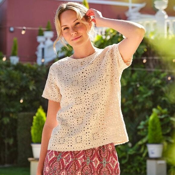 NEW Fat Face Patchwork Crochet Cream Short Sleeve Top Size 14 - Picture 1 of 14